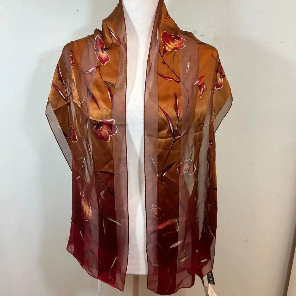 Echo 100% Silk Gold Red Ambre Floral Stripe Semi-Sheer Scarf 59x11 Artsy Preppy
